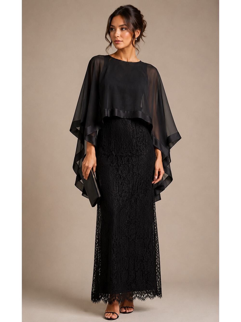 Dainty Jewells Cape Lace Maxi Dress Womens XS Black With Chiffon Overlay Formal